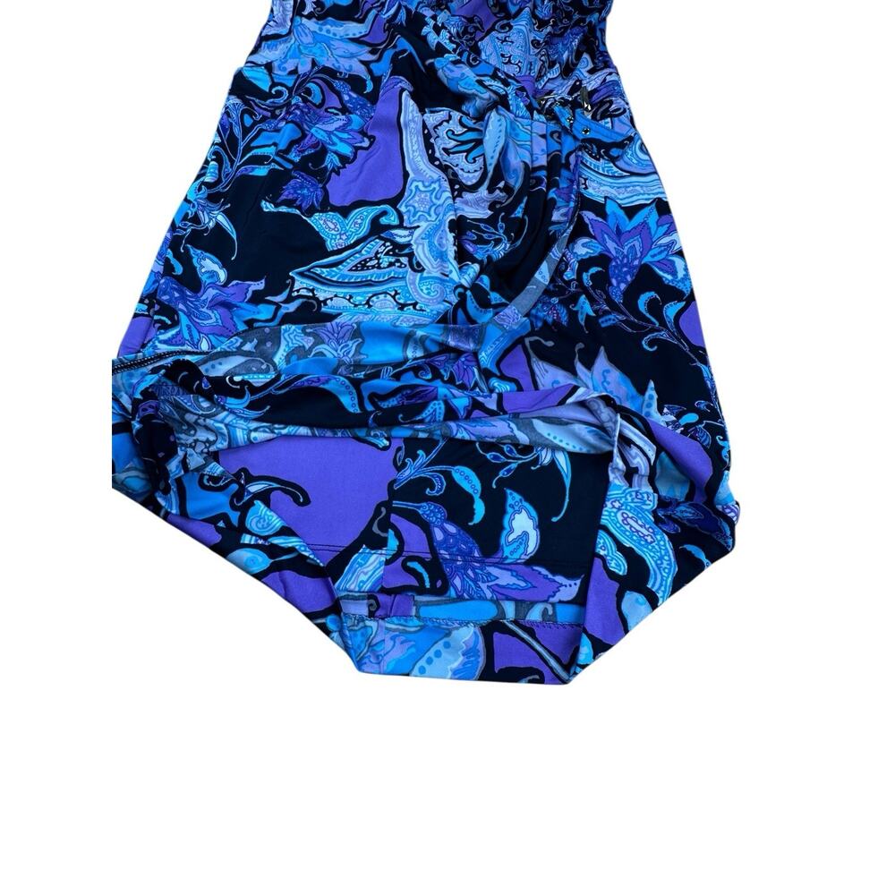 Cache Abstract Paisley Wrap Front Dress Purple Blue Black Ruched Y2K Sz 12 NWT - Picture 7 of 9